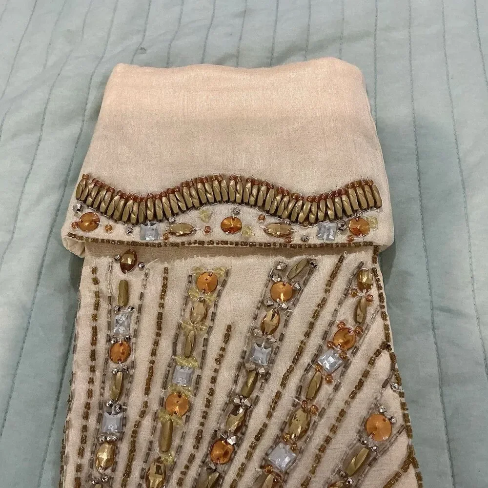 Kim Seybert Living Beaded Christmas Stocking Ivory Gold Jeweled Holiday 20”